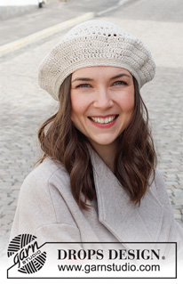 Book Fair / DROPS 225-22 - Crocheted beret in DROPS Soft Tweed. The piece is worked top down with lace pattern.