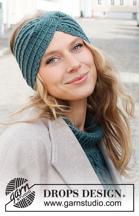 Twist of Teal / DROPS 225-30 - Heklet pannebånd i DROPS Merino Extra Fine. Arbeidet hekles med relieffmasker og flette.