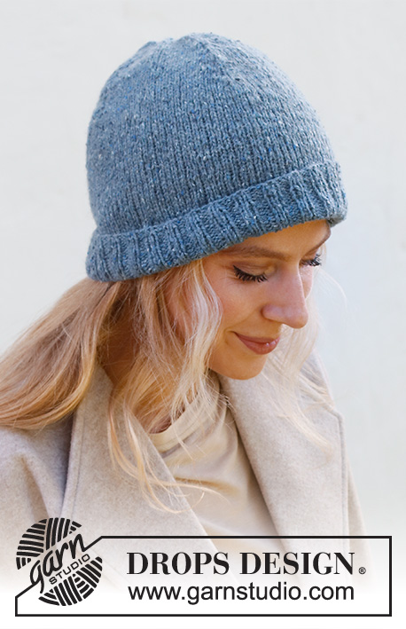 Blueberry Frost / DROPS 225-32 - Strikket lue i DROPS Soft Tweed. Størrelse S – XL.