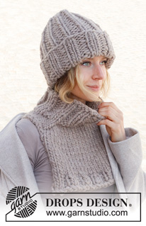 Willow Winds / DROPS 225-39 - Gorro e gola com peitilho tricotados em DROPS Polaris, com canelado.