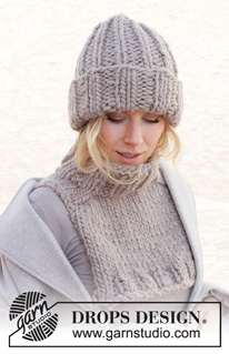 Willow Winds / DROPS 225-39 - Gorro e gola com peitilho tricotados em DROPS Polaris, com canelado.
