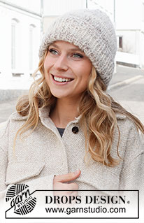 Lifting Fog / DROPS 225-42 - Gebreide muts in 1 draad DROPS Fabel en 2 draden DROPS Brushed Alpaca Silk.