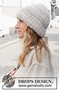 Lifting Fog / DROPS 225-42 - Gebreide muts in 1 draad DROPS Fabel en 2 draden DROPS Brushed Alpaca Silk.