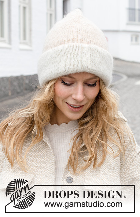 Snowy Peak Hat / DROPS 225-8 - Dwustronna czapka typu hipster na drutach, z włóczki DROPS Air. Od S do XL.