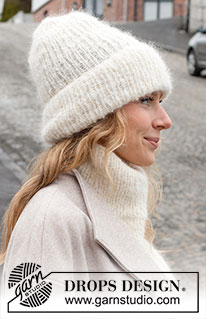 Scenic Snow / DROPS 225-9 - Gebreide hipster-muts en halswarmer met zadelschouders en boordsteek in DROPS Melody. Maten S - L.