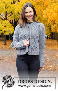 Frosted Fruit Jacket / DROPS 226-24 - Strikket jakke i DROPS Lima og DROPS Kid-Silk. Arbeidet strikkes ovenfra og ned med fletter, bobler og dobbel halskant. Størrelse S - XXXL.