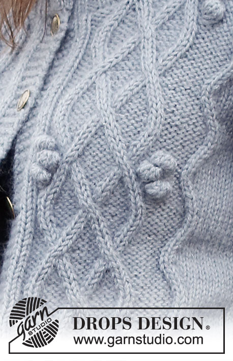 Frosted Fruit Jacket / DROPS 226-24 - Strikket jakke i DROPS Lima og DROPS Kid-Silk. Arbeidet strikkes ovenfra og ned med fletter, bobler og dobbel halskant. Størrelse S - XXXL.