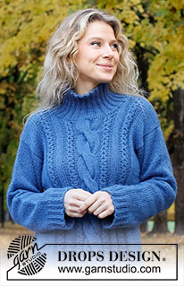 December Tide / DROPS 226-25 - Strikket genser i DROPS Flora og DROPS Kid-Silk eller DROPS Alpaca og DROPS Kid-Silk. Arbeidet strikkes i glattstrikk med fletter, høy hals og splitt i sidene. Størrelse S - XXXL.