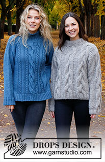 December Tide / DROPS 226-25 - Strikket genser i DROPS Flora og DROPS Kid-Silk eller DROPS Alpaca og DROPS Kid-Silk. Arbeidet strikkes i glattstrikk med fletter, høy hals og splitt i sidene. Størrelse S - XXXL.
