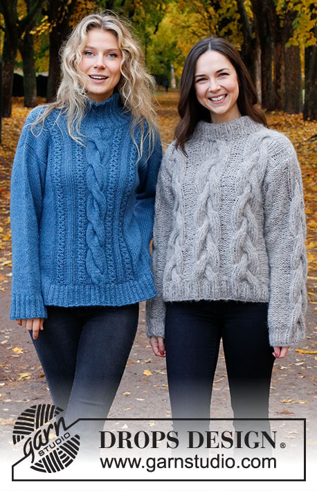 December Tide / DROPS 226-25 - Strikket genser i DROPS Flora og DROPS Kid-Silk eller DROPS Alpaca og DROPS Kid-Silk. Arbeidet strikkes i glattstrikk med fletter, høy hals og splitt i sidene. Størrelse S - XXXL.