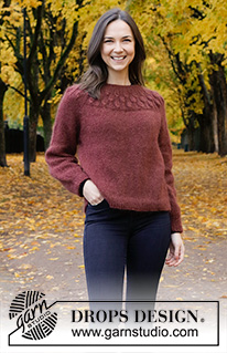 Blackforest Memories / DROPS 226-3 - Strikket genser i 2 tråder DROPS Kid-Silk eller 1 tråd DROPS Brushed Alpaca Silk. Arbeidet strikkes ovenfra og ned med rundfelling, raglan og bladmønster på bærestykket. Størrelse S - XXXL.