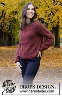 Blackforest Memories / DROPS 226-3 - Strikket genser i 2 tråder DROPS Kid-Silk eller 1 tråd DROPS Brushed Alpaca Silk. Arbeidet strikkes ovenfra og ned med rundfelling, raglan og bladmønster på bærestykket. Størrelse S - XXXL.