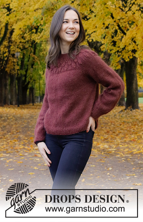 Blackforest Memories / DROPS 226-3 - Strikket genser i 2 tråder DROPS Kid-Silk eller 1 tråd DROPS Brushed Alpaca Silk. Arbeidet strikkes ovenfra og ned med rundfelling, raglan og bladmønster på bærestykket. Størrelse S - XXXL.