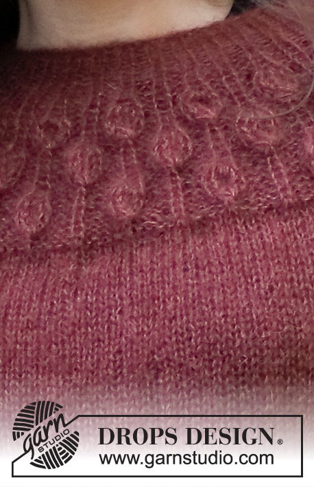 Blackforest Memories / DROPS 226-3 - Strikket genser i 2 tråder DROPS Kid-Silk eller 1 tråd DROPS Brushed Alpaca Silk. Arbeidet strikkes ovenfra og ned med rundfelling, raglan og bladmønster på bærestykket. Størrelse S - XXXL.