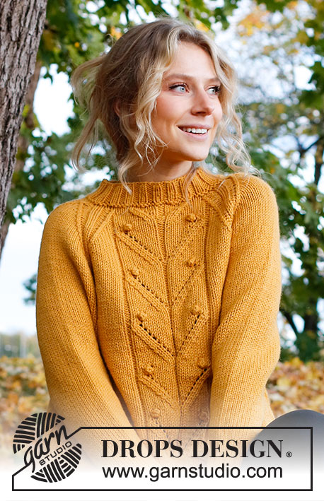Golden Bud / DROPS 226-33 - Strikket genser i DROPS Nepal. Arbeidet strikkes med splitt i sidene, hullmønster, bobler og raglan. Størrelse S – XXXL.
