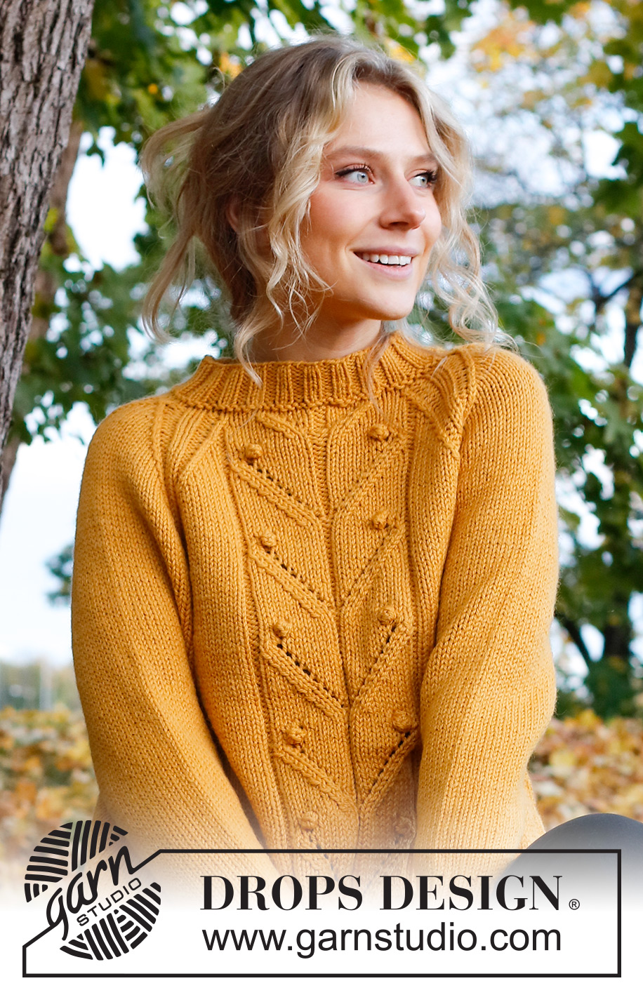 Golden Bud / DROPS 226-33 - Strikket genser i DROPS Nepal. Arbeidet strikkes med splitt i sidene, hullmønster, bobler og raglan. Størrelse S – XXXL.