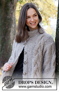 Evening Fires Jacket / DROPS 226-39 - Strikket jakke i 2 tråder DROPS Brushed Alpaca Silk eller 1 tråd DROPS Wish. Arbeidet strikkes med fletter, dobbel halskant og vrangborder. Størrelse S - XXXL.