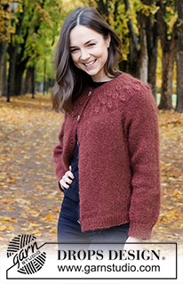 Blackforest Memories Cardigan / DROPS 226-4 - Strikket jakke i 2 tråder DROPS Kid-Silk eller 1 tråd DROPS Brushed Alpaca Silk. Arbeidet strikkes ovenfra og ned med rundfelling, raglan og bladmønster på bærestykket. Størrelse S - XXXL.