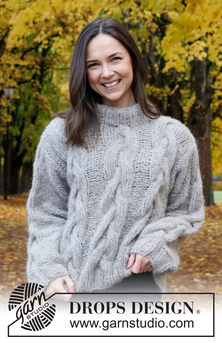 Evening Fires Sweater / DROPS 226-40 - Knitted jumper in 2 strands DROPS Brushed Alpaca Silk or 1 strand DROPS Wish. Piece is knitted with cables and double neck edge. Size: S - XXXL
