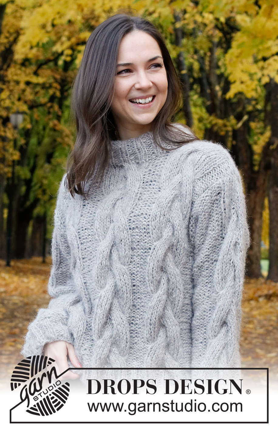 Evening Fires Sweater / DROPS 226-40 - Knitted jumper in 2 strands DROPS Brushed Alpaca Silk or 1 strand DROPS Wish. Piece is knitted with cables and double neck edge. Size: S - XXXL