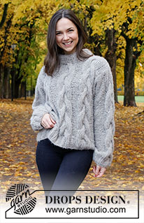 Evening Fires Sweater / DROPS 226-40 - Knitted jumper in 2 strands DROPS Brushed Alpaca Silk or 1 strand DROPS Wish. Piece is knitted with cables and double neck edge. Size: S - XXXL