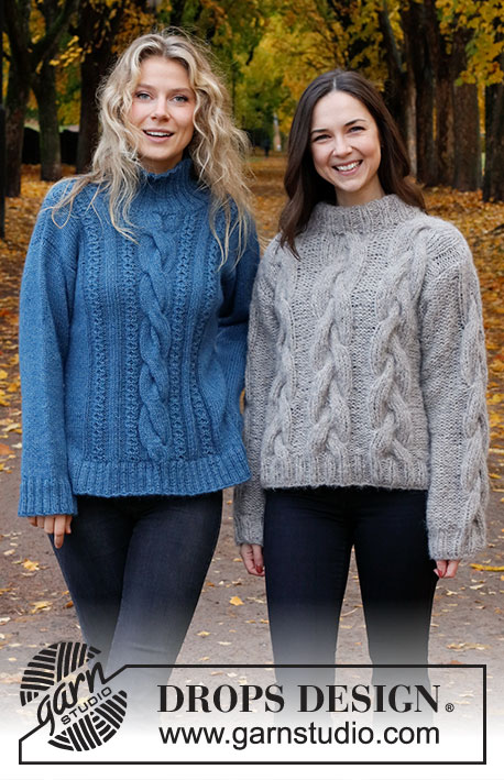 Evening Fires Sweater / DROPS 226-40 - Knitted jumper in 2 strands DROPS Brushed Alpaca Silk or 1 strand DROPS Wish. Piece is knitted with cables and double neck edge. Size: S - XXXL