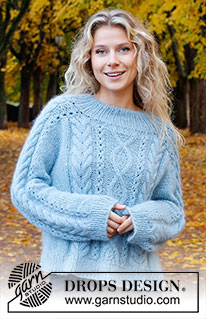 Sky Feather Sweater / DROPS 226-46 - Strikket bluse i DROPS Sky og DROPS Kid-Silk. Arbejdet strikkes oppefra og ned med sadelskulder og snoninger. Størrelse S - XXXL.