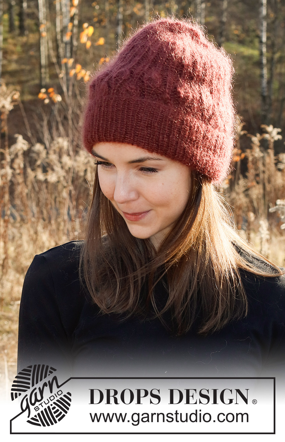 Cranberry Charmer / DROPS 226-48 - Knitted hat in 2 strands DROPS Kid-Silk or 1 strand DROPS Brushed Alpaca Silk. Piece is knitted bottom up with rib and leaf pattern.