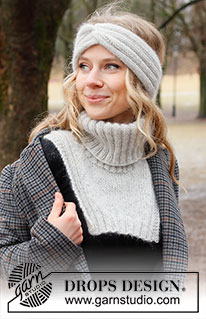 Silver Birch / DROPS 226-56 - Gebreide hoofdband met kabel en halswarmer in DROPS Alpaca en DROPS Kid-Silk of DROPS Flora en DROPS Kid-Silk. Het werk wordt gebreid met boordsteek en tricotsteek.