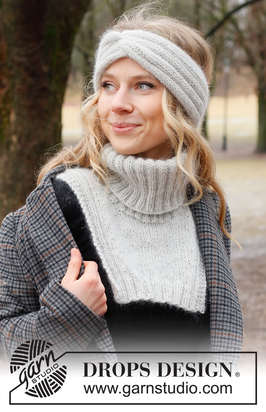 Silver Birch / DROPS 226-56 - Gebreide hoofdband met kabel en halswarmer in DROPS Alpaca en DROPS Kid-Silk of DROPS Flora en DROPS Kid-Silk. Het werk wordt gebreid met boordsteek en tricotsteek.