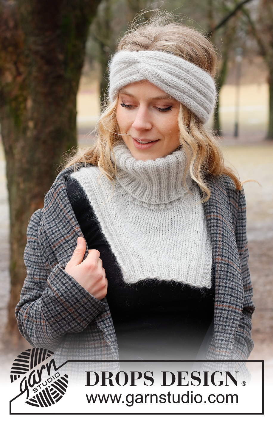 Silver Birch / DROPS 226-56 - Gebreide hoofdband met kabel en halswarmer in DROPS Alpaca en DROPS Kid-Silk of DROPS Flora en DROPS Kid-Silk. Het werk wordt gebreid met boordsteek en tricotsteek.