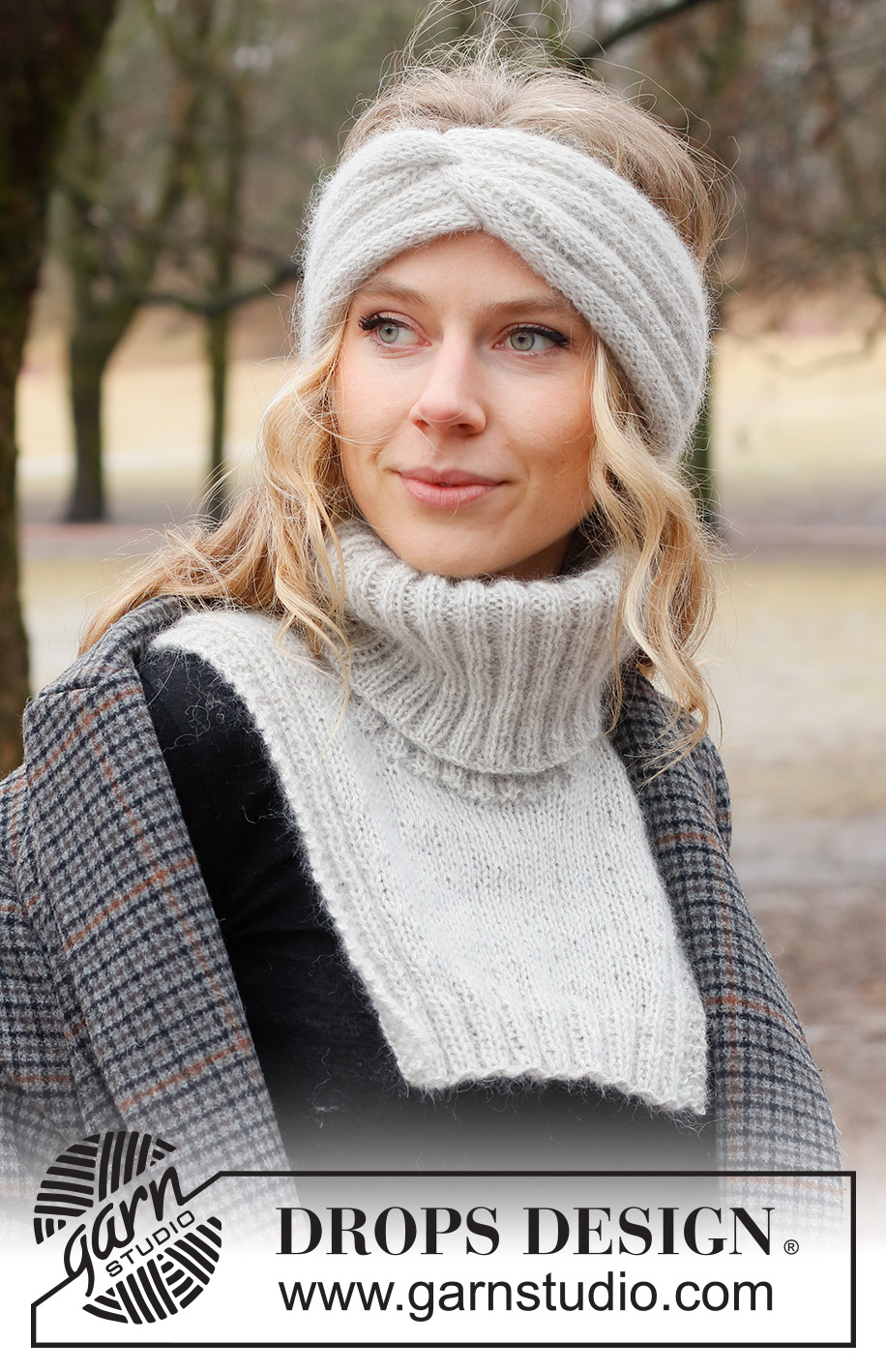 Silver Birch / DROPS 226-56 - Gebreide hoofdband met kabel en halswarmer in DROPS Alpaca en DROPS Kid-Silk of DROPS Flora en DROPS Kid-Silk. Het werk wordt gebreid met boordsteek en tricotsteek.
