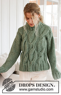 Scent of Sage / DROPS 226-62 - Gebreide trui in DROPS Wish. Het werk wordt gebreid met kabels en dubbele hals. Maten S - XXXL.