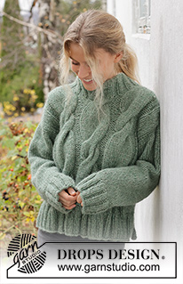 Scent of Sage / DROPS 226-62 - Gebreide trui in DROPS Wish. Het werk wordt gebreid met kabels en dubbele hals. Maten S - XXXL.