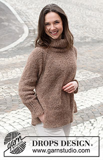 City Stride Sweater / DROPS 227-1 - Stickad tröja i DROPS Brushed Alpaca Silk. Arbetet stickaes uppifrån och ner med resår i raglanökningen, hög krage och sprund i sidorna. Storlek S - XXXL.