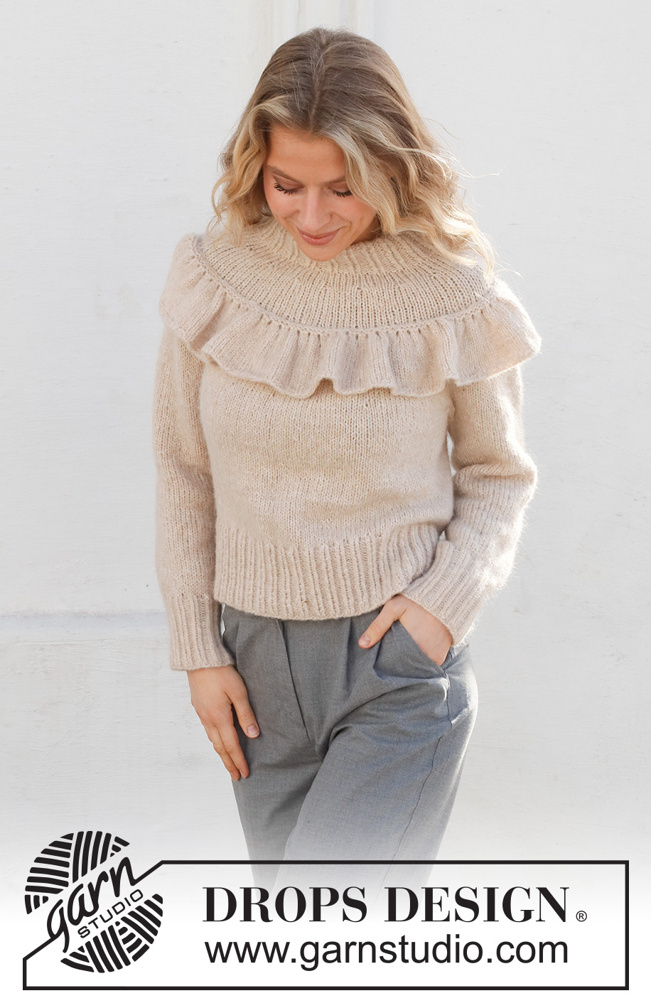 Winter Frill / DROPS 227-12 - Strikket genser i DROPS Air. Arbeidet strikkes ovenfra og ned med rundfelling og rysje. Størrelse S – XXXL.