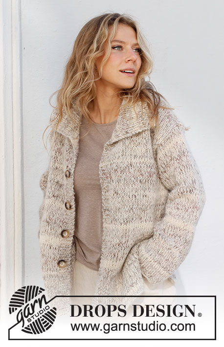 Habitat Cardigan / DROPS 227-15 - Stickad kofta i 1 tråd DROPS Fabel och 2 trådar DROPS Brushed Alpaca Silk. Arbetet stickas med krage. Storlek S - XXXL.