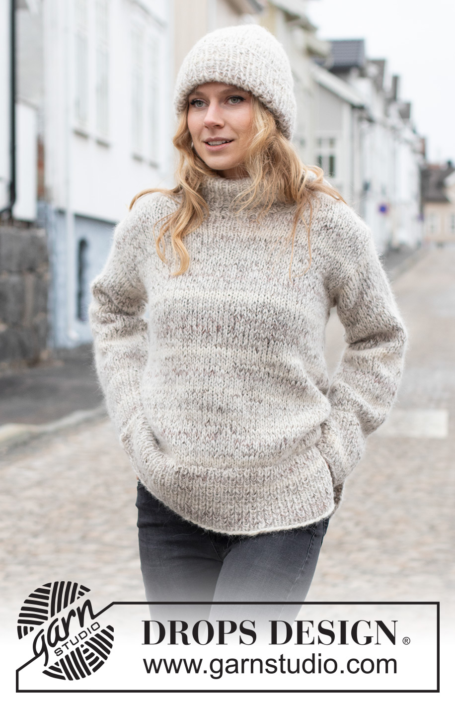 After the Blizzard / DROPS 227-16 - Strikket bluse og hue i 1 tråd DROPS Fabel og 2 tråde DROPS Brushed Alpaca Silk. Arbejdet strikkes i glatstrik med kanter i rib. Størrelse S - XXXL.