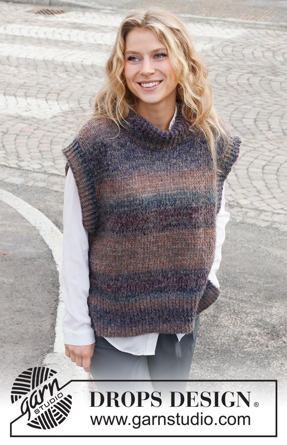 Autumn Dusk / DROPS 227-17 - Strikket slipover i DROPS Delight og DROPS Brushed Alpaca Silk. Vesten strikkes med høj hals, slids i siden og kanter i rib. Størrelse S - XXXL.