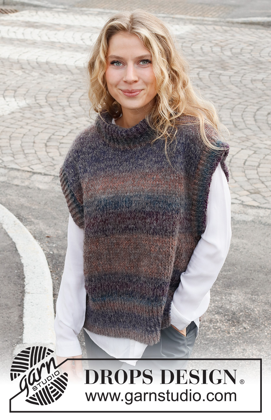 Autumn Dusk / DROPS 227-17 - Strikket slipover i DROPS Delight og DROPS Brushed Alpaca Silk. Vesten strikkes med høj hals, slids i siden og kanter i rib. Størrelse S - XXXL.