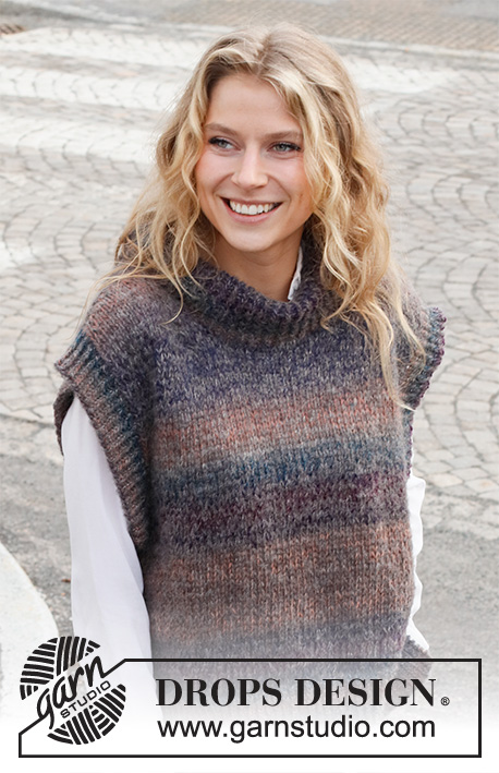 Autumn Dusk / DROPS 227-17 - Strikket slipover i DROPS Delight og DROPS Brushed Alpaca Silk. Vesten strikkes med høj hals, slids i siden og kanter i rib. Størrelse S - XXXL.