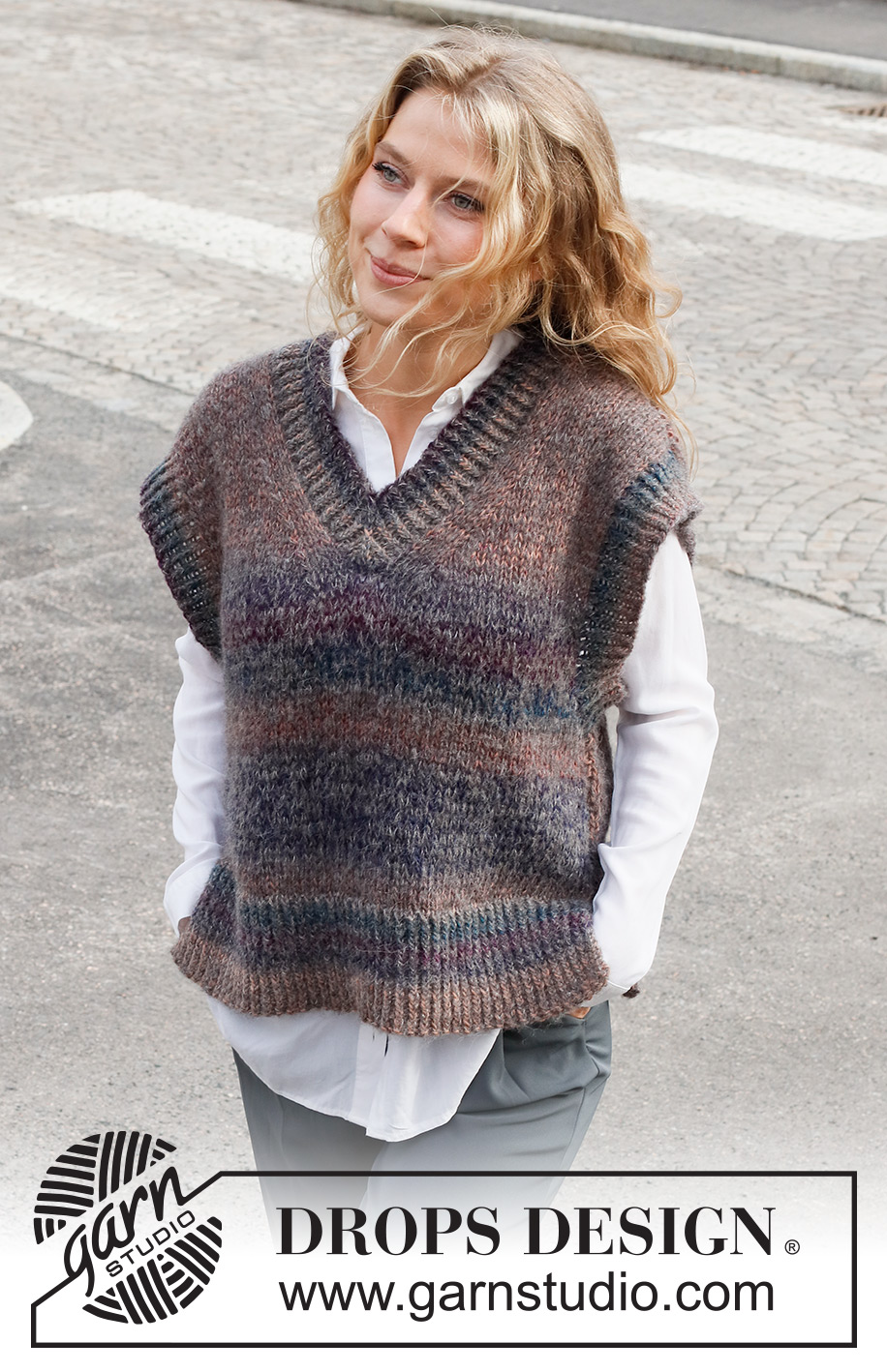 Sunset Poem / DROPS 227-18 - Knitted vest / slipover in DROPS Delight and DROPS Brushed Alpaca Silk. The piece is worked with V-neck, ribbed edges and split in the sides. Sizes S - XXXL.