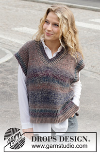 Sunset Poem / DROPS 227-18 - Knitted vest / slipover in DROPS Delight and DROPS Brushed Alpaca Silk. The piece is worked with V-neck, ribbed edges and split in the sides. Sizes S - XXXL.