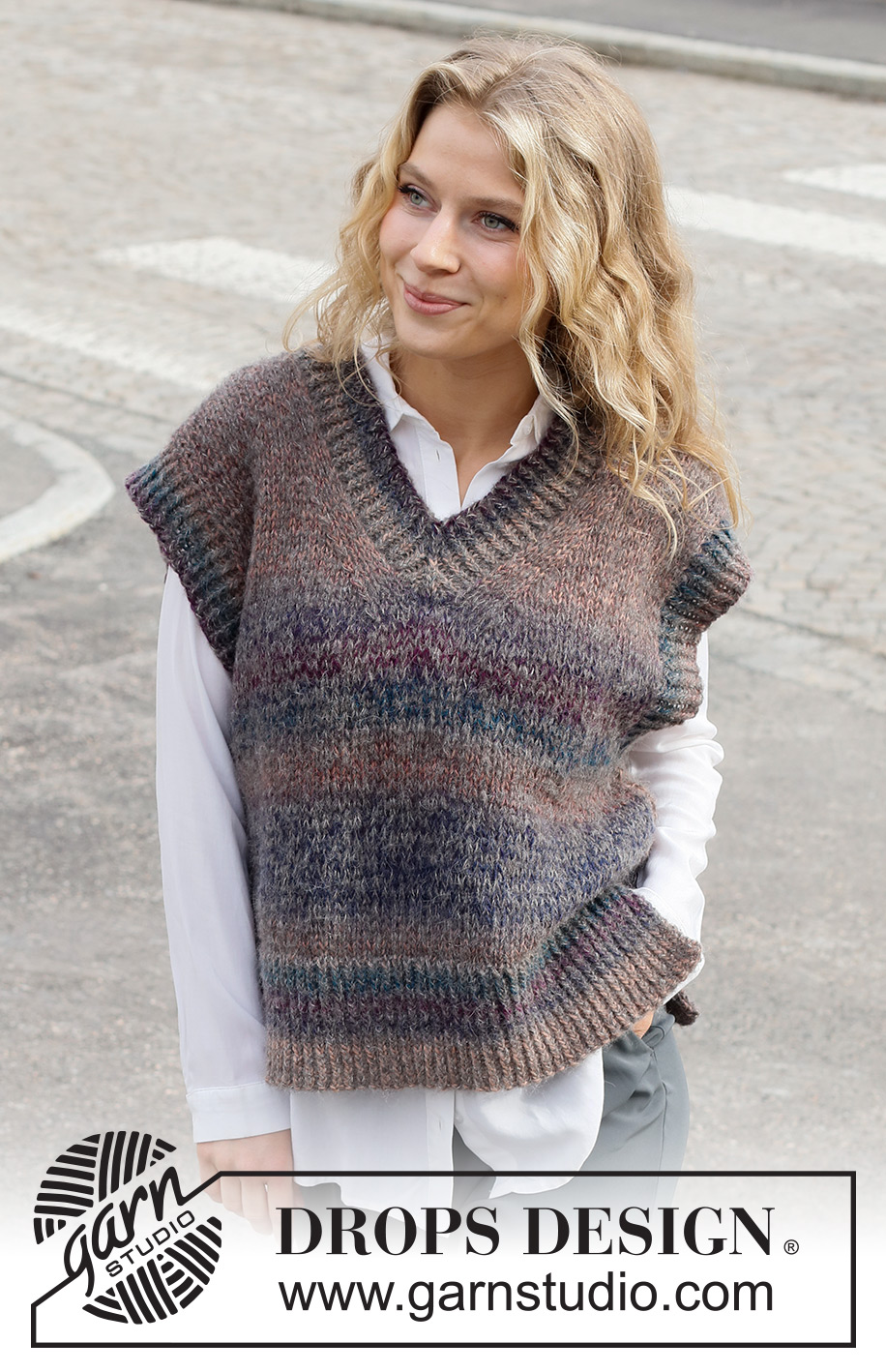 Sunset Poem / DROPS 227-18 - Knitted vest / slipover in DROPS Delight and DROPS Brushed Alpaca Silk. The piece is worked with V-neck, ribbed edges and split in the sides. Sizes S - XXXL.