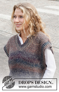 Sunset Poem / DROPS 227-18 - Knitted vest / slipover in DROPS Delight and DROPS Brushed Alpaca Silk. The piece is worked with V-neck, ribbed edges and split in the sides. Sizes S - XXXL.