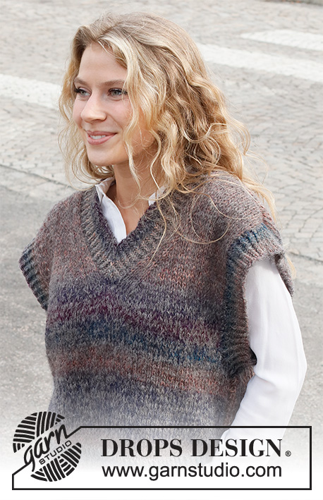 Sunset Poem / DROPS 227-18 - Knitted vest / slipover in DROPS Delight and DROPS Brushed Alpaca Silk. The piece is worked with V-neck, ribbed edges and split in the sides. Sizes S - XXXL.