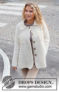 White Autumn / DROPS 227-19 - Heklet jakke i DROPS Sky og DROPS Kid-Silk. Arbeidet hekles med relieffmasker, krage, lommer og splitt i sidene. Størrelse S - XXXL.