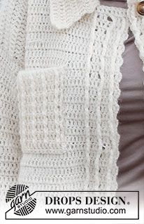 White Autumn / DROPS 227-19 - Heklet jakke i DROPS Sky og DROPS Kid-Silk. Arbeidet hekles med relieffmasker, krage, lommer og splitt i sidene. Størrelse S - XXXL.