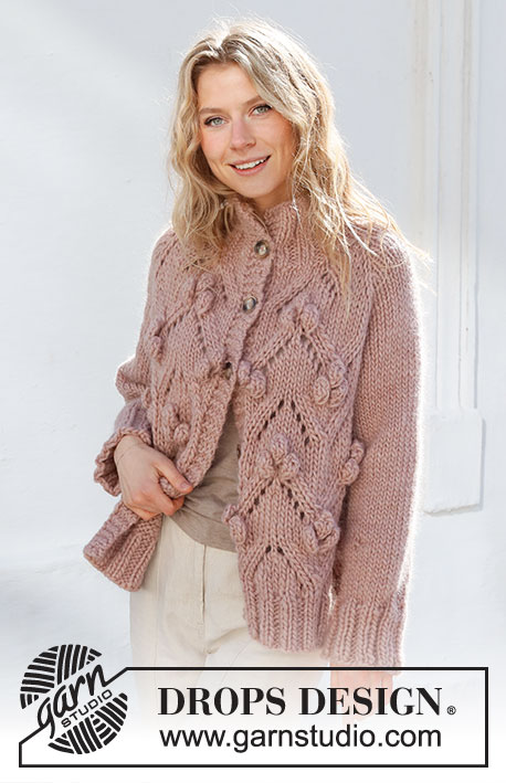 Rosé Bubbles Jacket / DROPS 227-23 - Knitted jacket in DROPS Snow or DROPS Wish. The piece is worked top down with raglan and lace pattern. Sizes S - XXXL.