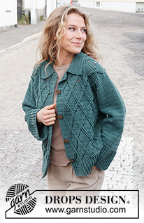 Teal Crossover / DROPS 227-30 - Hæklet jakke i DROPS Merino Extra Fine. Arbejdet hækles med snoninger, reliefmønster og krave. Størrelse S - XXXL.
